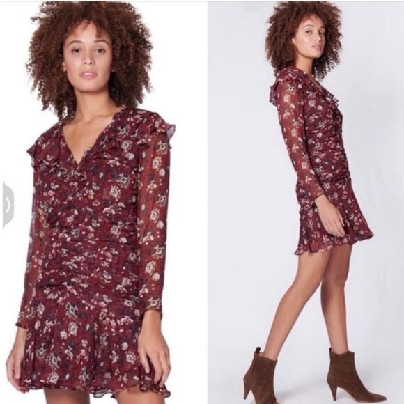 Veronica Beard NWT 100% Silk Floral Bordeaux Red Ruched Magg Mini Dress Size 6 - Picture 1 of 8